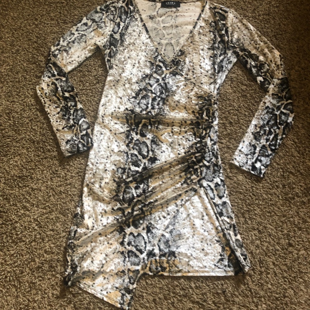 Akira long sleeve party dress. Multi-colored snake-printed velvet